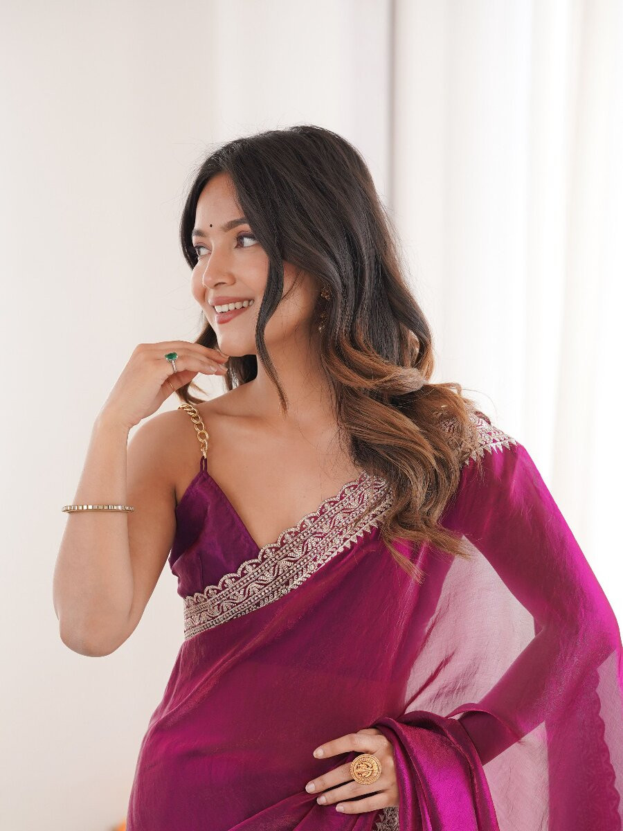 Purple Fendy Satin Embroidery Lace Border Wedding Party Festival Reception Casual Heavy Border Sarees