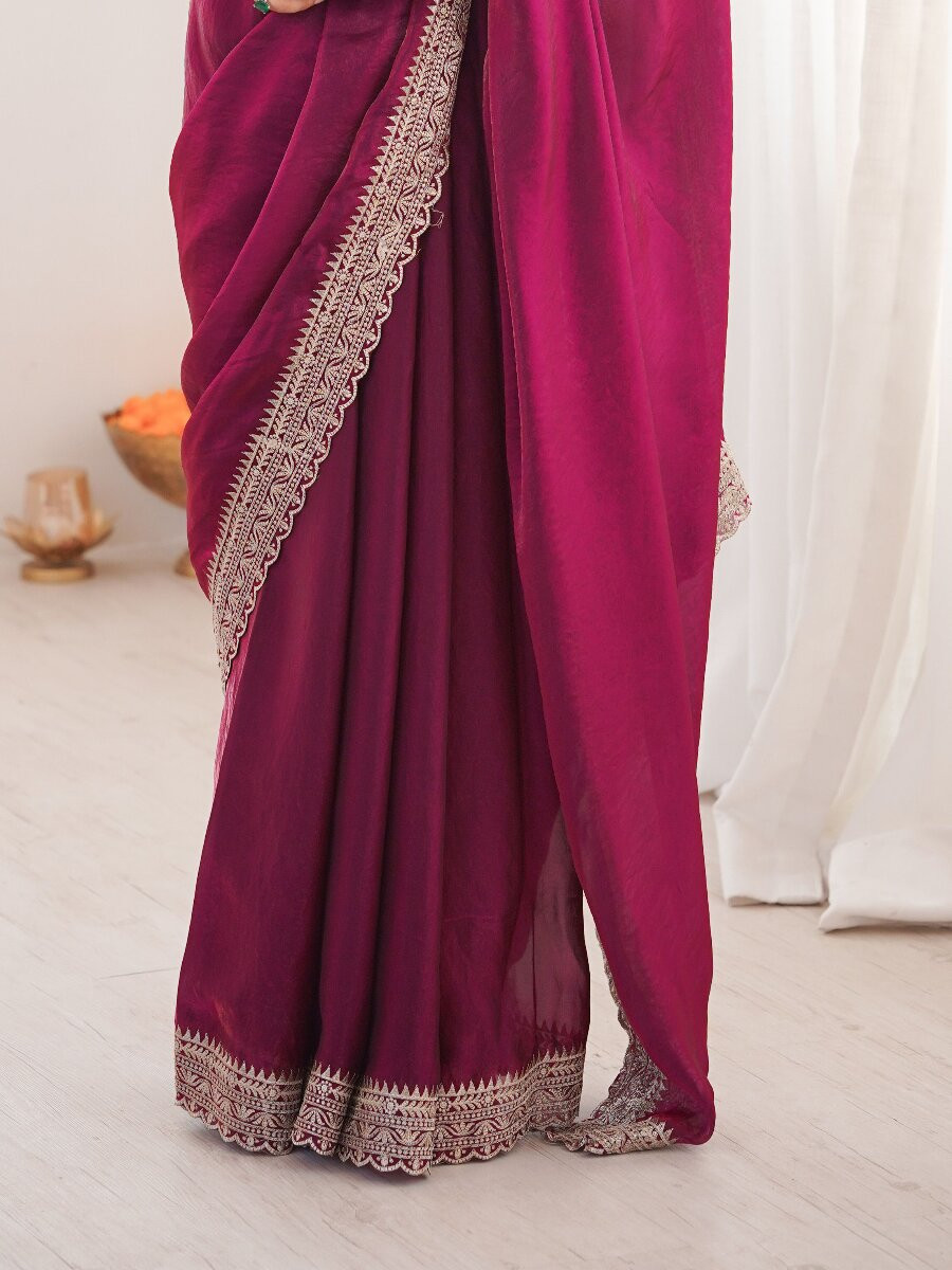 Purple Fendy Satin Embroidery Lace Border Wedding Party Festival Reception Casual Heavy Border Sarees