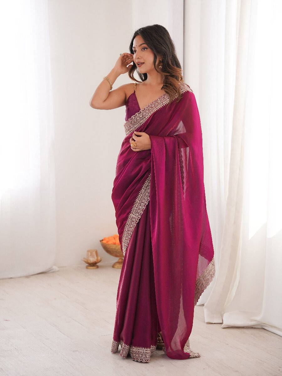 Purple Fendy Satin Embroidery Lace Border Wedding Party Festival Reception Casual Heavy Border Sarees