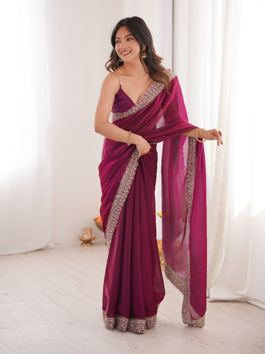 Purple Fendy Satin Embroidery Lace Border Wedding Party Festival Reception Casual Heavy Border Sarees