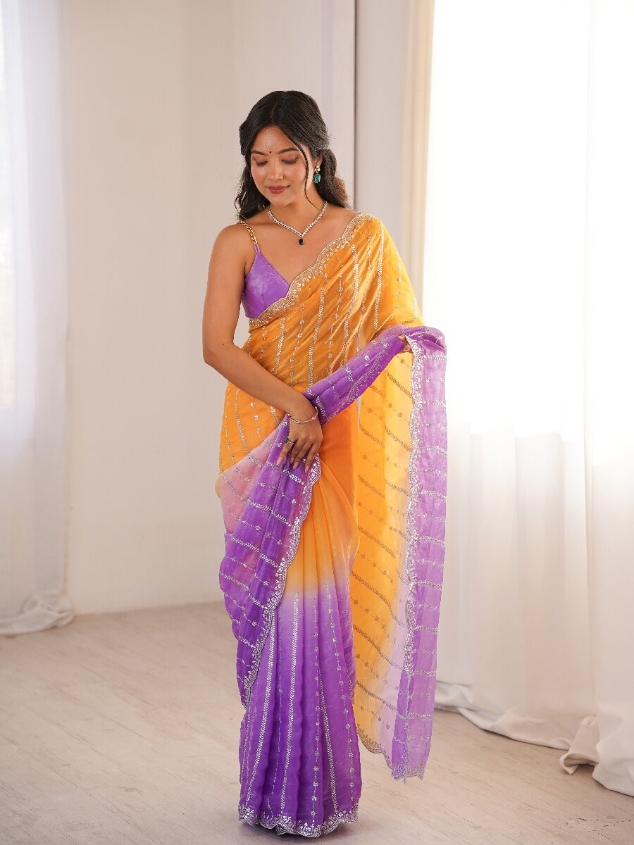 Purple Fendy Satin Embroidery Sequins Wedding Reception Festival Casual Heavy Border Sarees