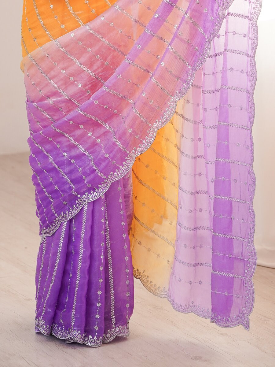 Purple Fendy Satin Embroidery Sequins Wedding Reception Festival Casual Heavy Border Sarees