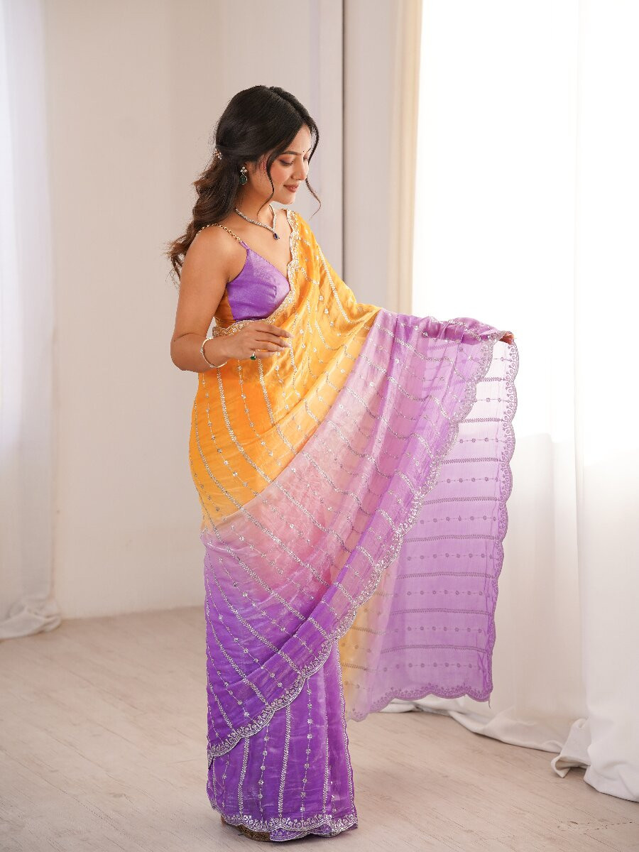 Purple Fendy Satin Embroidery Sequins Wedding Reception Festival Casual Heavy Border Sarees