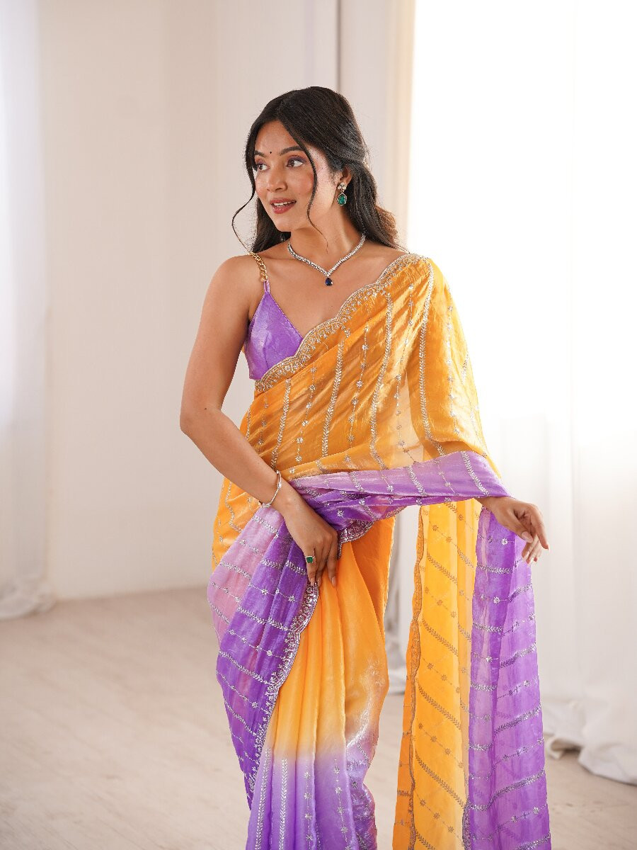 Purple Fendy Satin Embroidery Sequins Wedding Reception Festival Casual Heavy Border Sarees