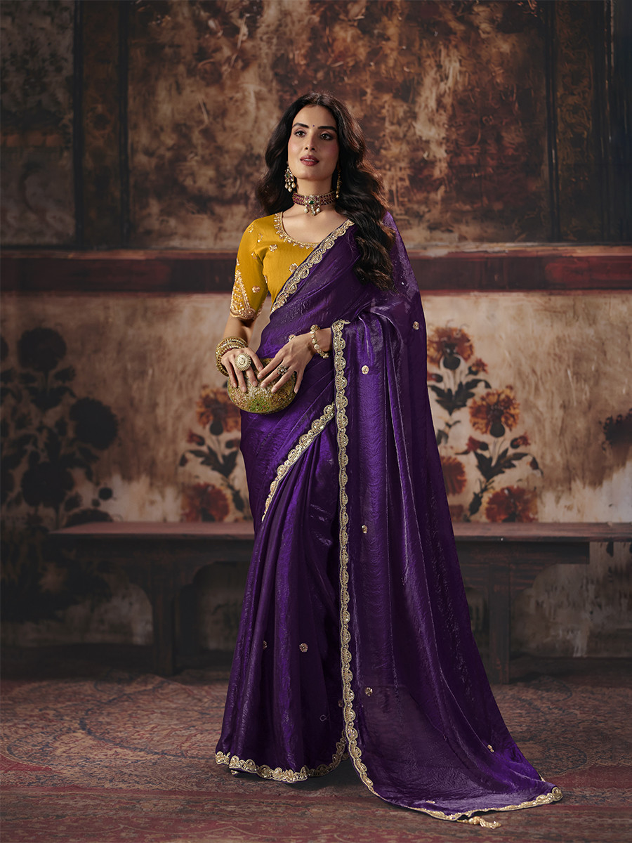 Purple Fendy Satin Embroidery Sequins Zari Wedding Reception Party Festival Casual Heavy Border Sarees