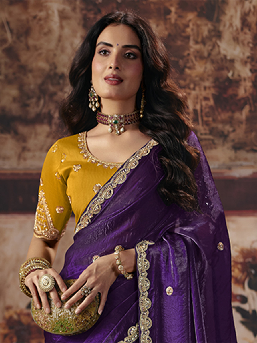Purple Fendy Satin Embroidery Sequins Zari Wedding Reception Party Festival Casual Heavy Border Sarees