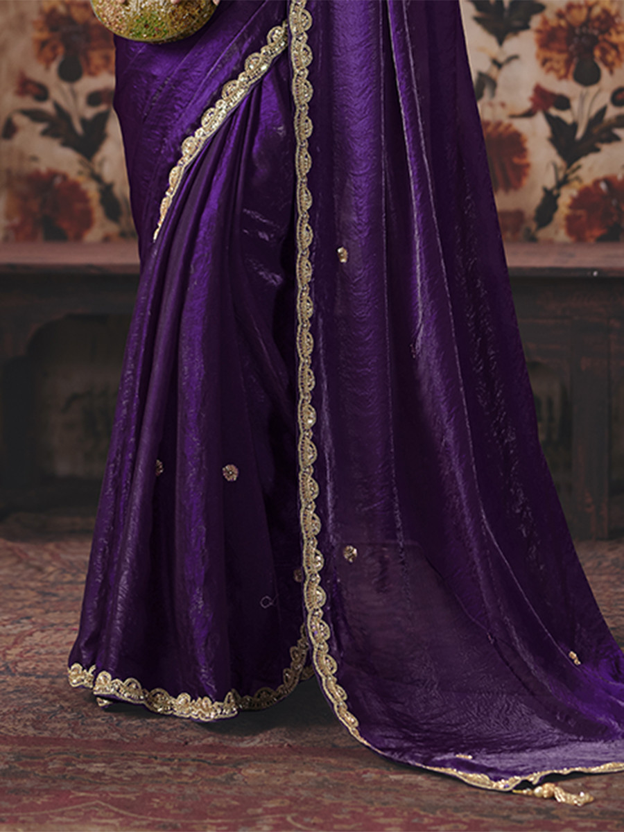 Purple Fendy Satin Embroidery Sequins Zari Wedding Reception Party Festival Casual Heavy Border Sarees