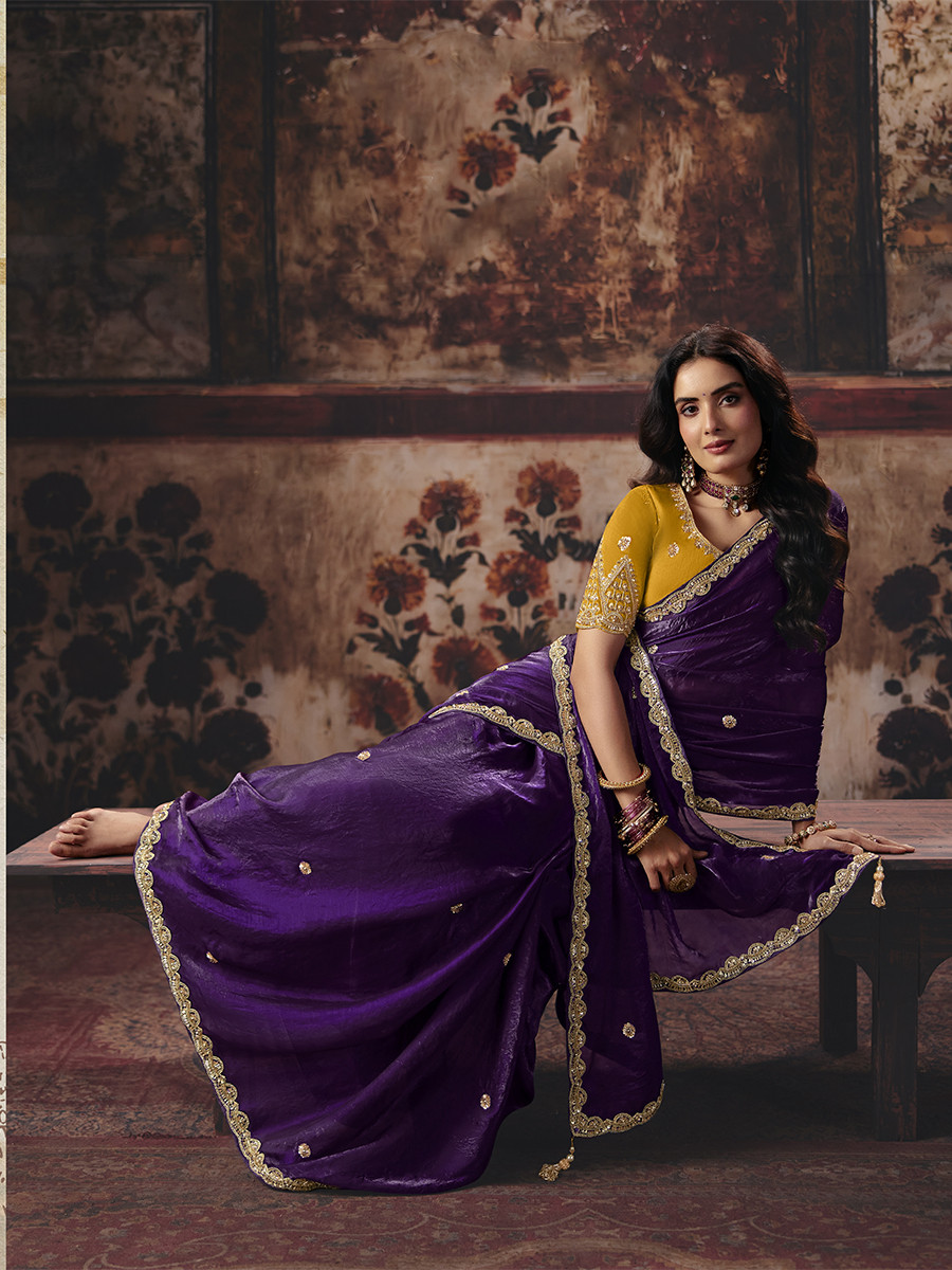 Purple Fendy Satin Embroidery Sequins Zari Wedding Reception Party Festival Casual Heavy Border Sarees