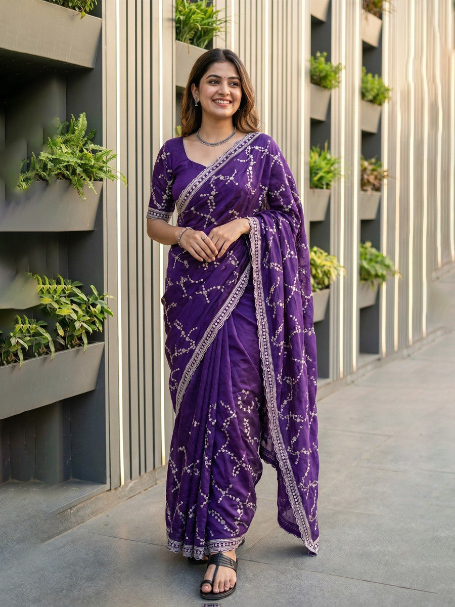Purple Fendy Satin Embroidery Sequins Zari Wedding Reception Party Festival Casual Heavy Border Sarees