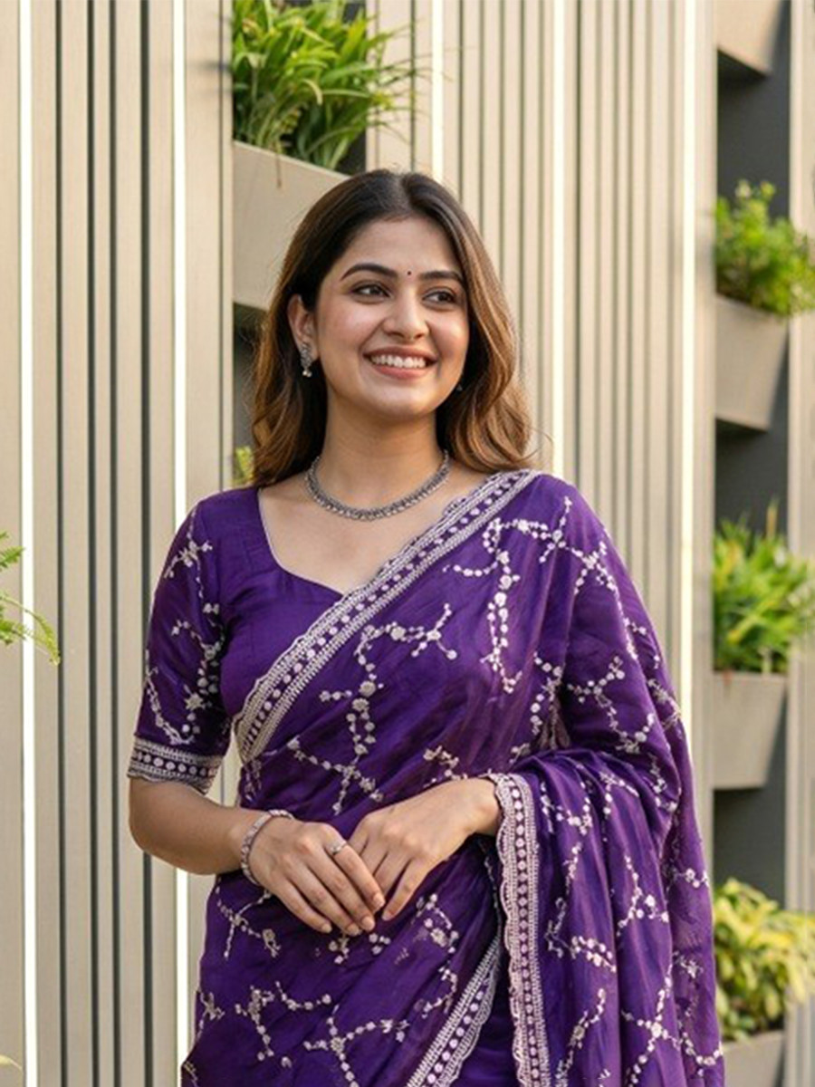 Purple Fendy Satin Embroidery Sequins Zari Wedding Reception Party Festival Casual Heavy Border Sarees