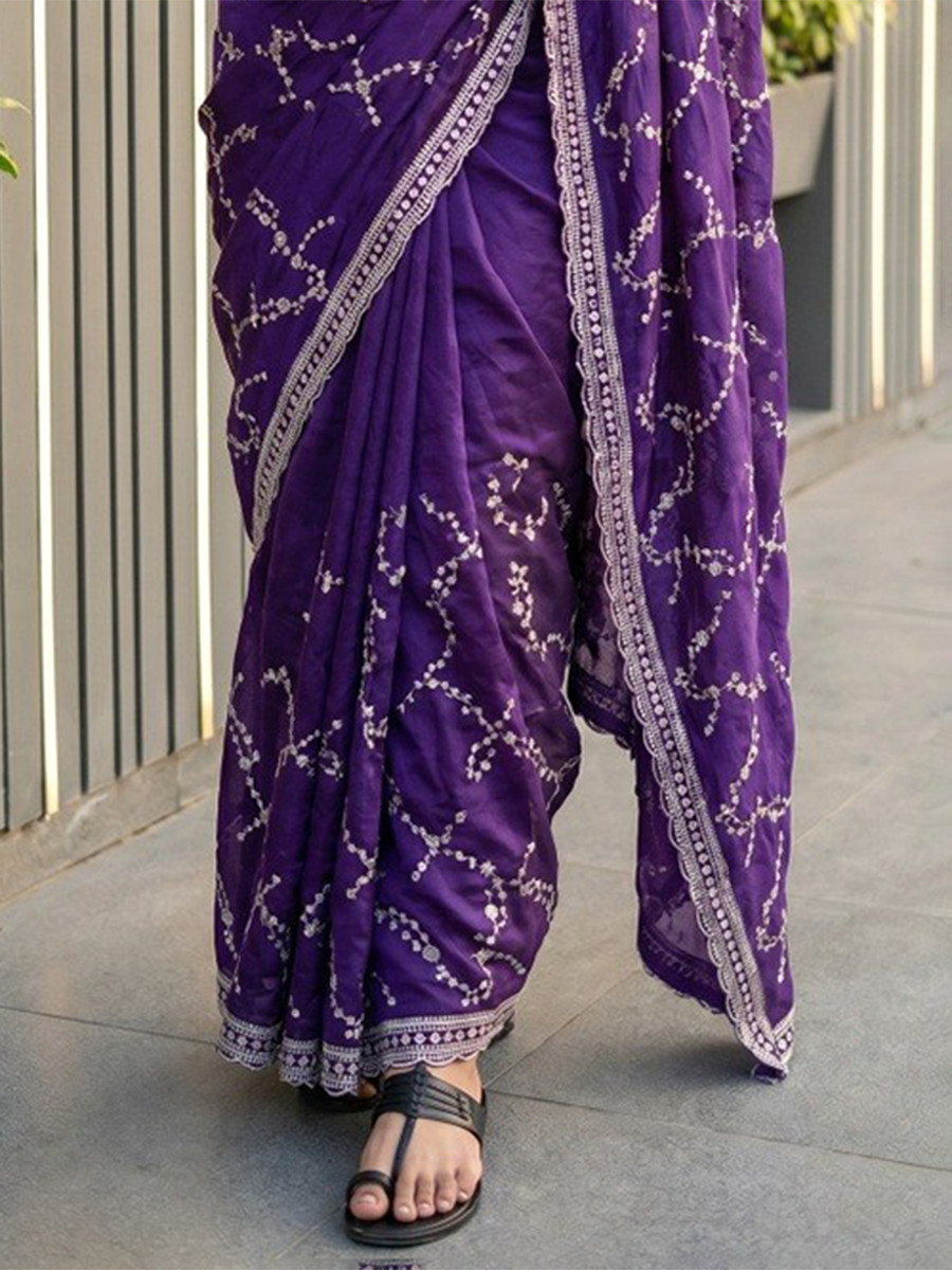 Purple Fendy Satin Embroidery Sequins Zari Wedding Reception Party Festival Casual Heavy Border Sarees