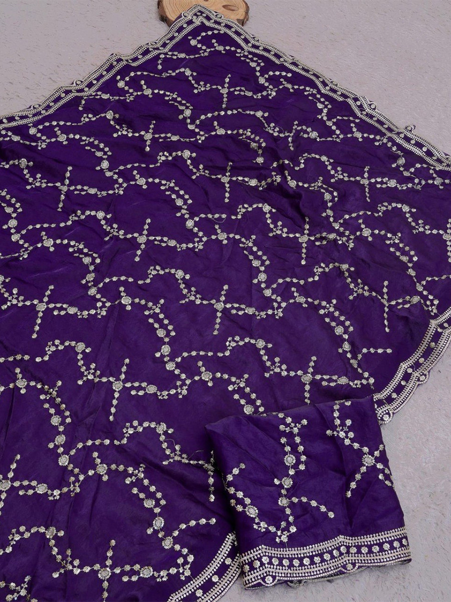Purple Fendy Satin Embroidery Sequins Zari Wedding Reception Party Festival Casual Heavy Border Sarees