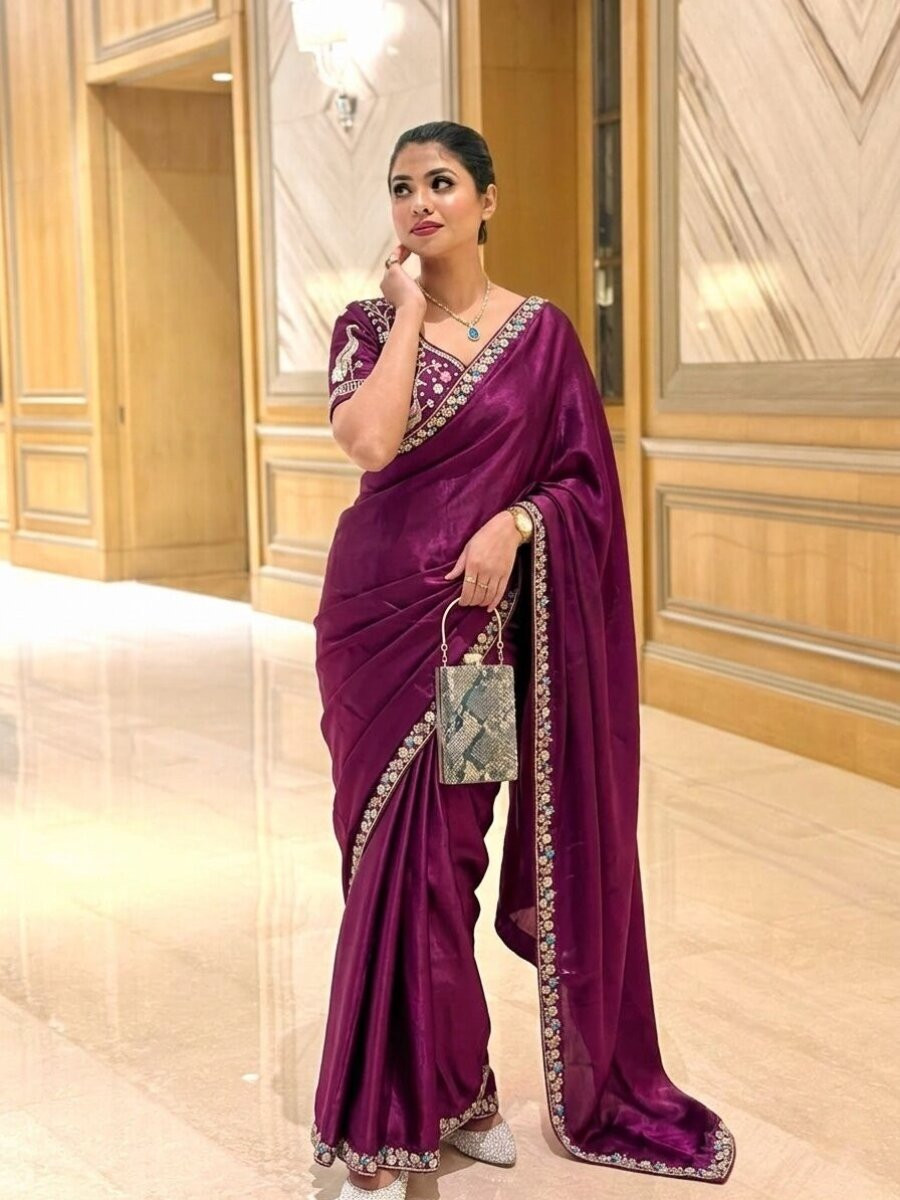Purple Fendy Satin Silk Embroidery Sequins Beads Wedding Reception Festival Casual Heavy Border Sarees