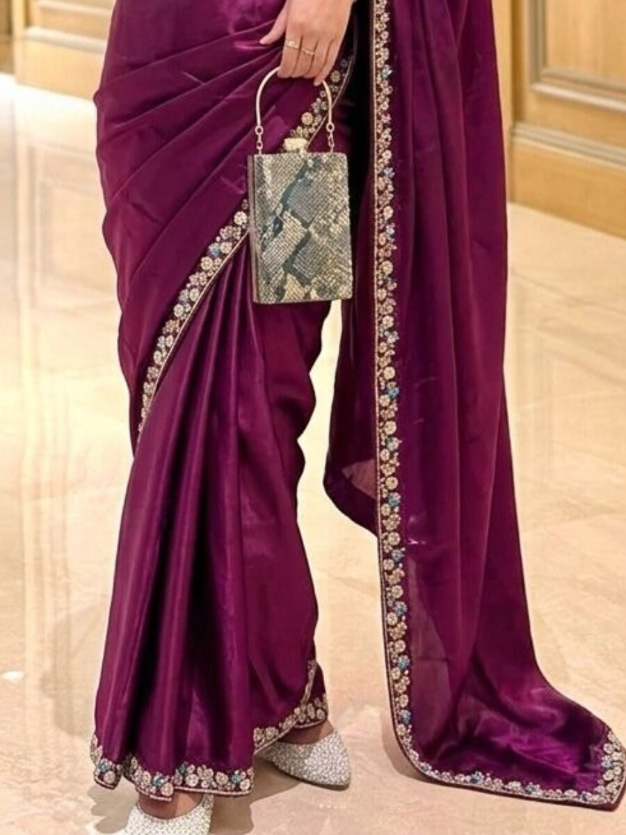 Purple Fendy Satin Silk Embroidery Sequins Beads Wedding Reception Festival Casual Heavy Border Sarees
