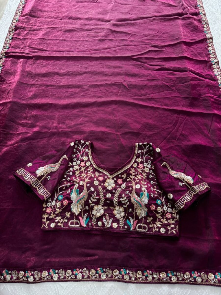 Purple Fendy Satin Silk Embroidery Sequins Beads Wedding Reception Festival Casual Heavy Border Sarees