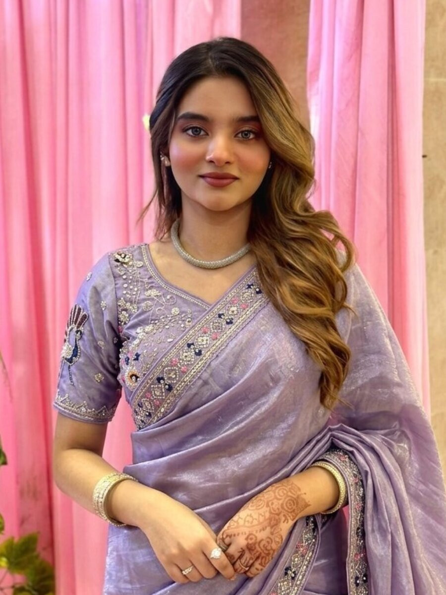 Purple Fendy Satin Silk Embroidery Sequins Stone Work Wedding Reception Party Festival Casual Heavy Border Sarees