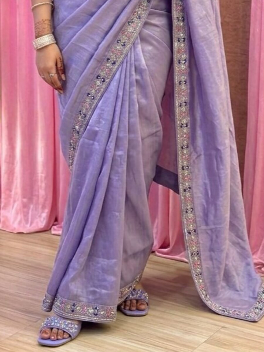 Purple Fendy Satin Silk Embroidery Sequins Stone Work Wedding Reception Party Festival Casual Heavy Border Sarees