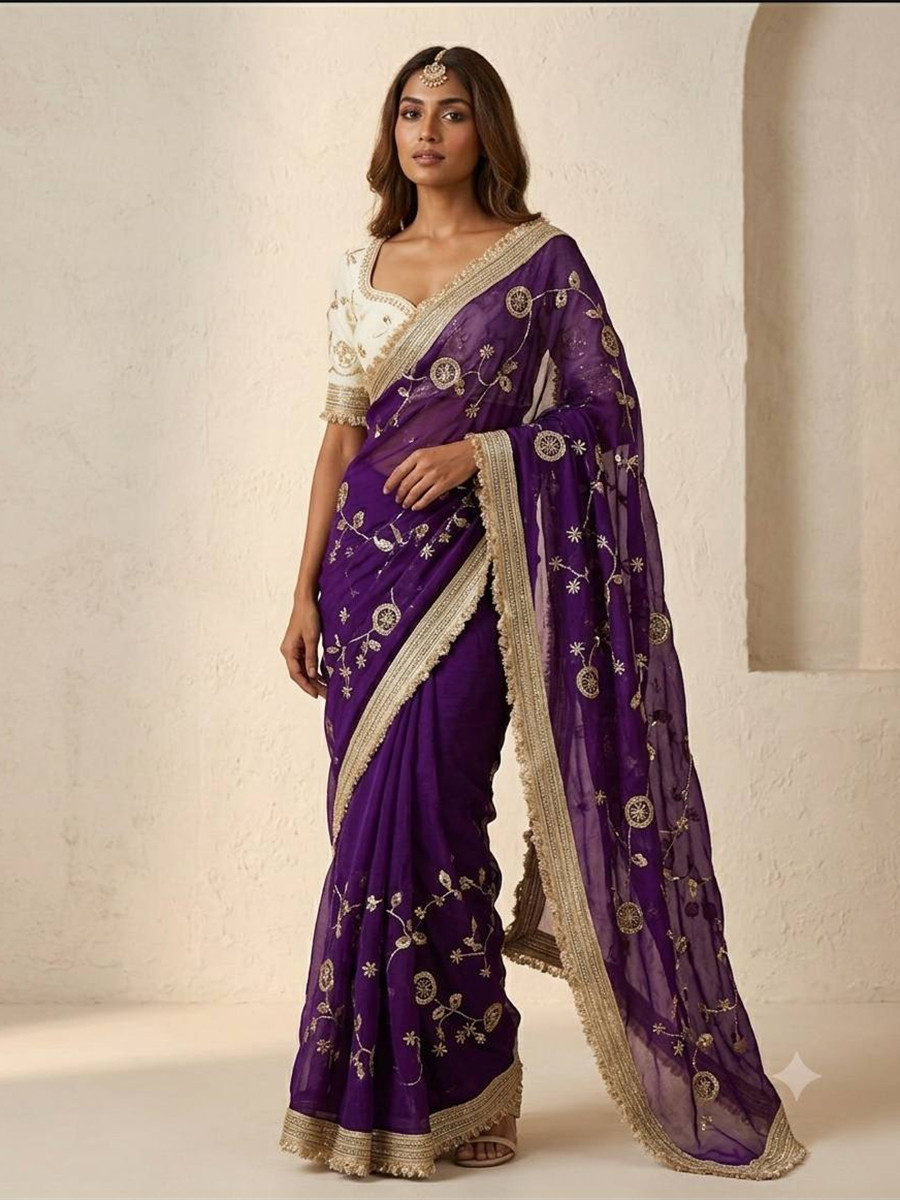 Purple Fendy Satin Silk Embroidery Wedding Reception Party Festival Casual Heavy Border Sarees