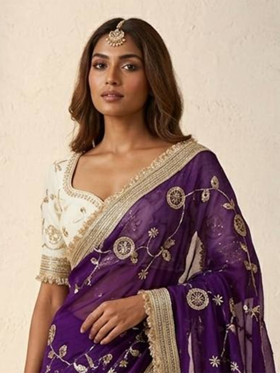 Purple Fendy Satin Silk Embroidery Wedding Reception Party Festival Casual Heavy Border Sarees