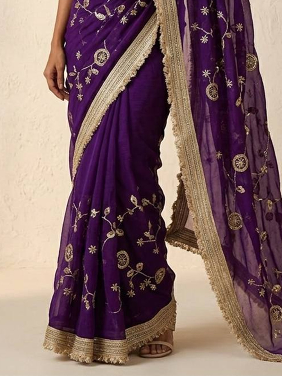 Purple Fendy Satin Silk Embroidery Wedding Reception Party Festival Casual Heavy Border Sarees