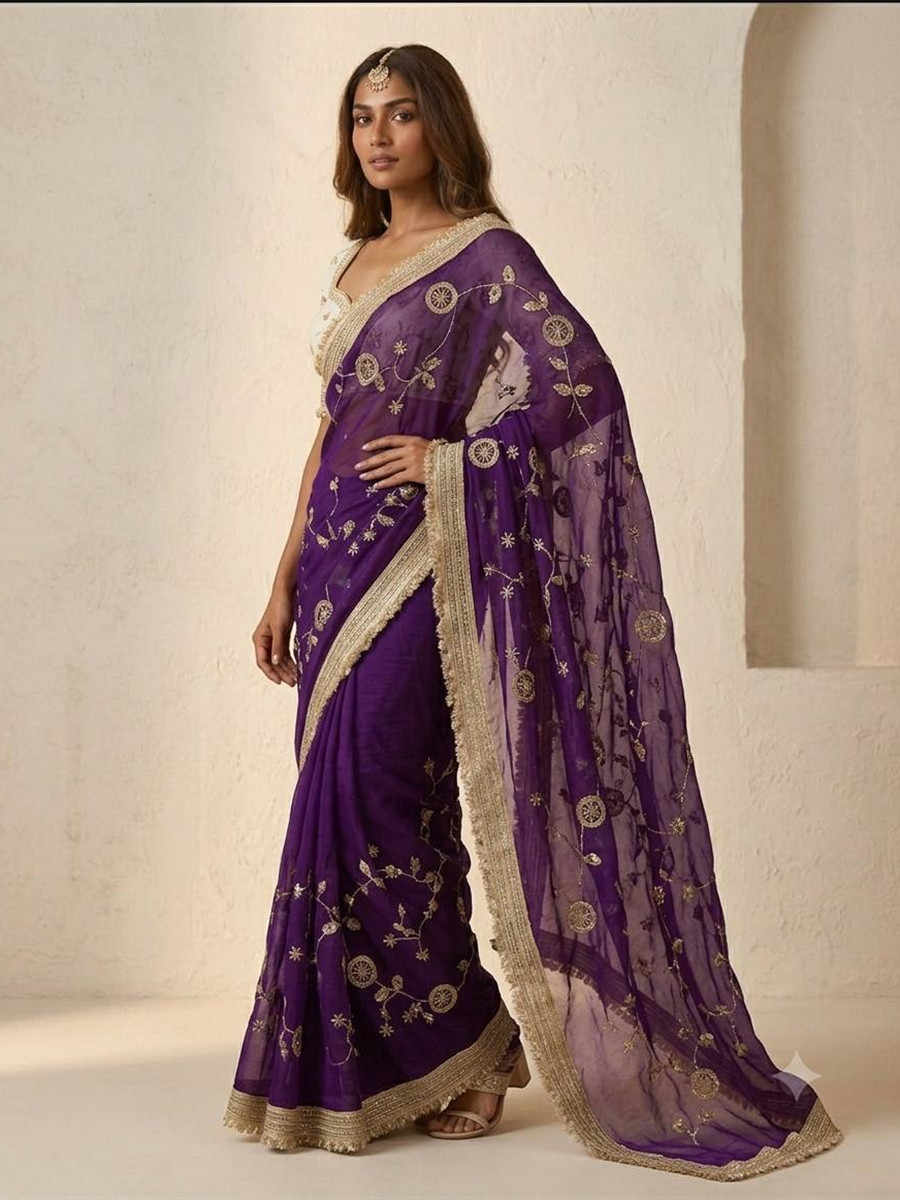 Purple Fendy Satin Silk Embroidery Wedding Reception Party Festival Casual Heavy Border Sarees