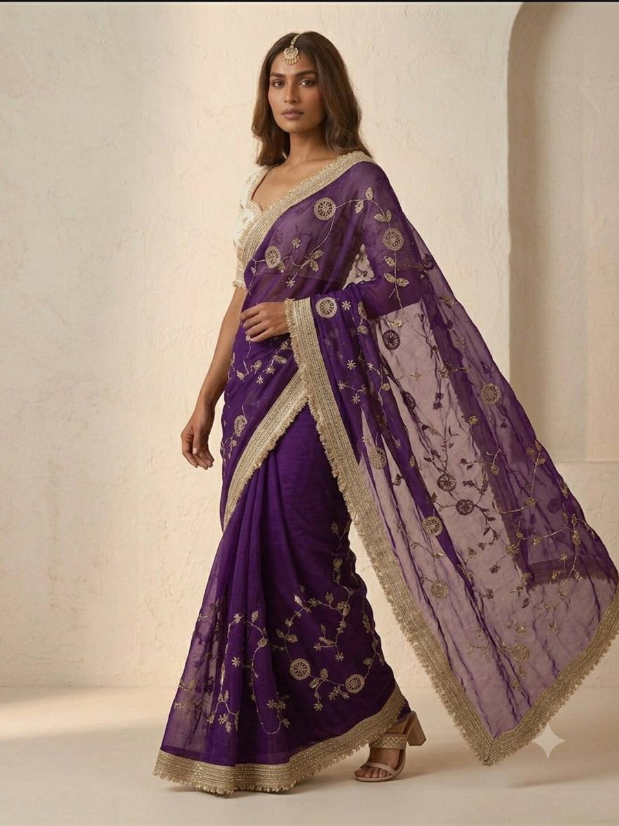 Purple Fendy Satin Silk Embroidery Wedding Reception Party Festival Casual Heavy Border Sarees