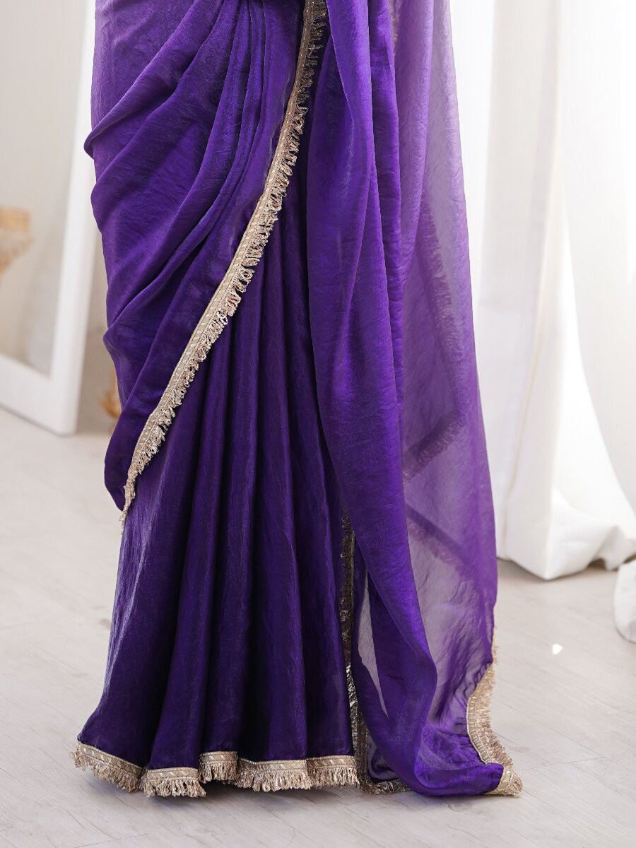 Purple Fendy Satin Zari Sequins Double Shaded Wedding Reception Party Festival Casual Heavy Border Sarees