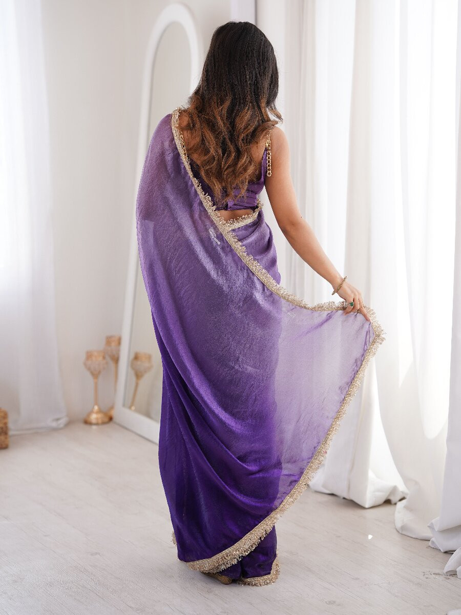 Purple Fendy Satin Zari Sequins Double Shaded Wedding Reception Party Festival Casual Heavy Border Sarees