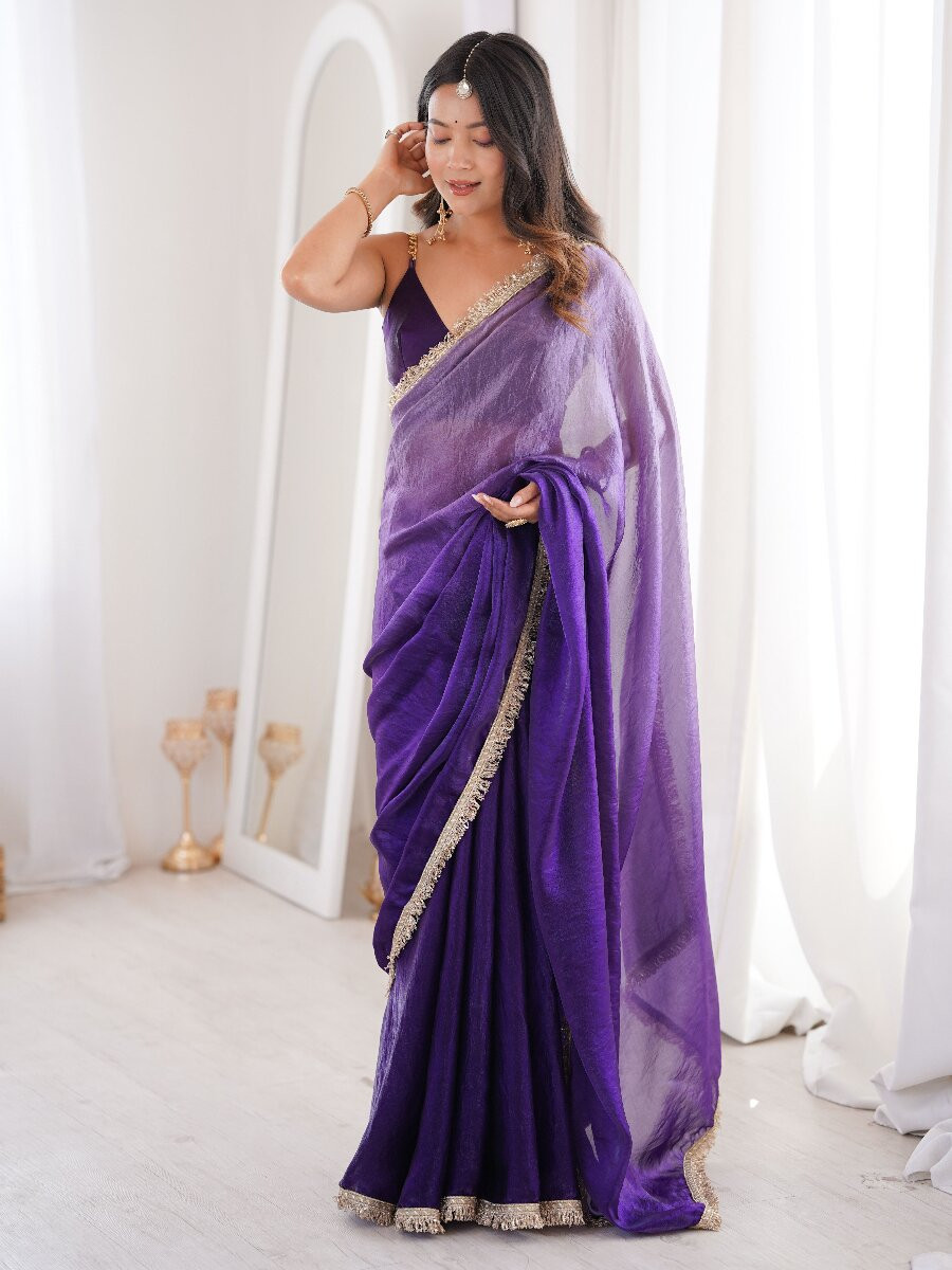 Purple Fendy Satin Zari Sequins Double Shaded Wedding Reception Party Festival Casual Heavy Border Sarees
