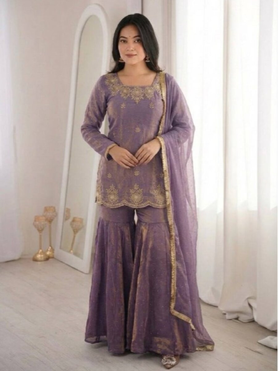 Purple Fendy Silk Embroidery Sequins Zarkan Stone Work Wedding Party Festival Casual Ready Sharara Pant Salwar Kameez