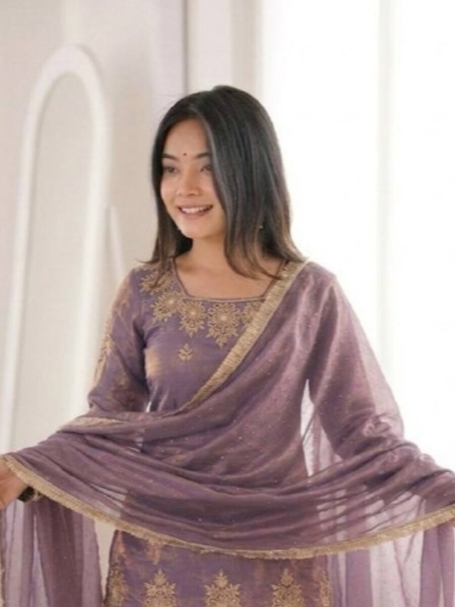 Purple Fendy Silk Embroidery Sequins Zarkan Stone Work Wedding Party Festival Casual Ready Sharara Pant Salwar Kameez