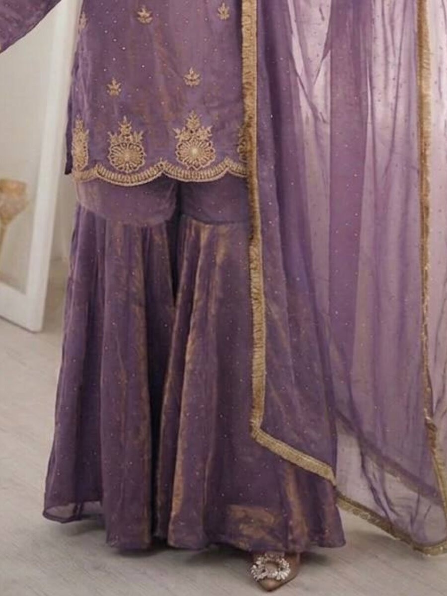 Purple Fendy Silk Embroidery Sequins Zarkan Stone Work Wedding Party Festival Casual Ready Sharara Pant Salwar Kameez
