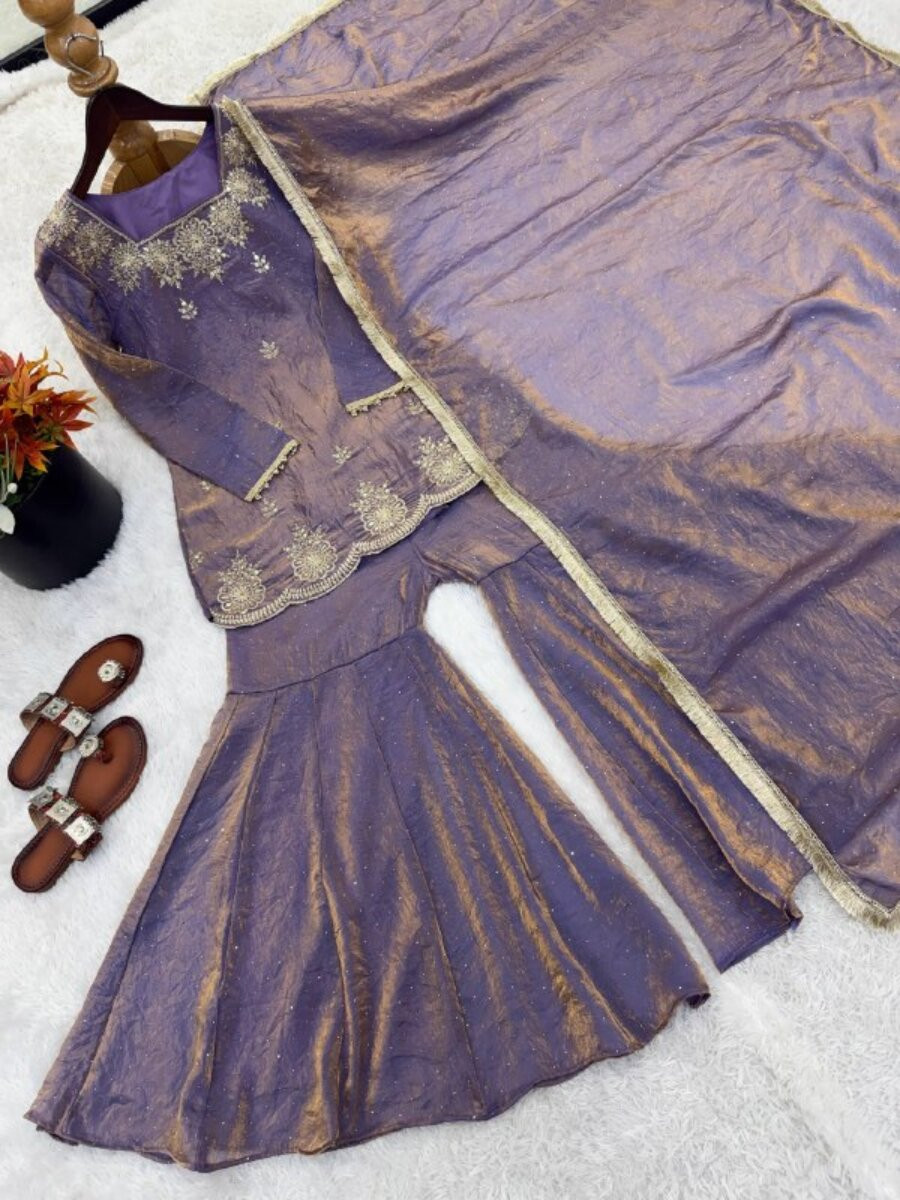 Purple Fendy Silk Embroidery Sequins Zarkan Stone Work Wedding Party Festival Casual Ready Sharara Pant Salwar Kameez