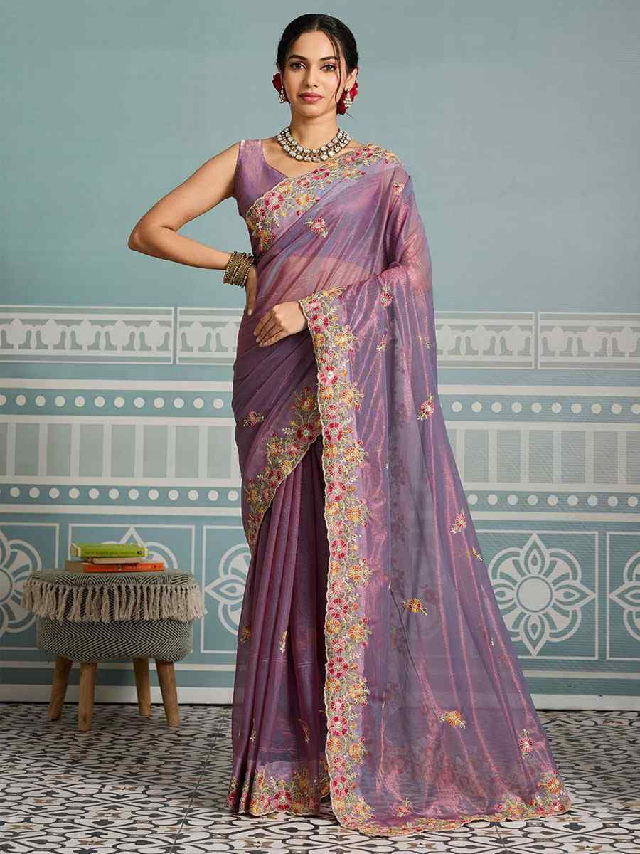 Purple Fendy Soft Net Embroidery Bridal Reception Festival Wedding Fancy Heavy Border Saree