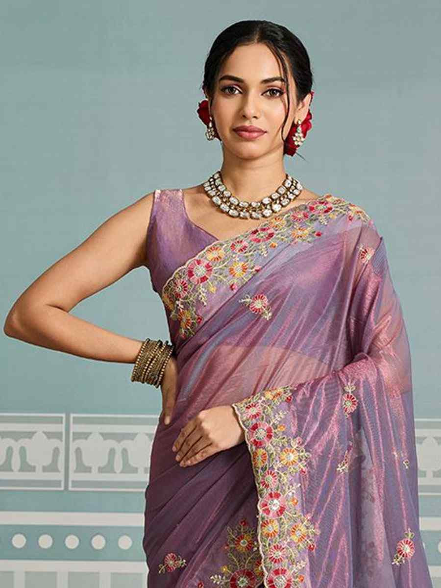 Purple Fendy Soft Net Embroidery Bridal Reception Festival Wedding Fancy Heavy Border Saree