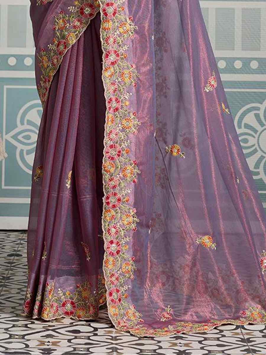 Purple Fendy Soft Net Embroidery Bridal Reception Festival Wedding Fancy Heavy Border Saree