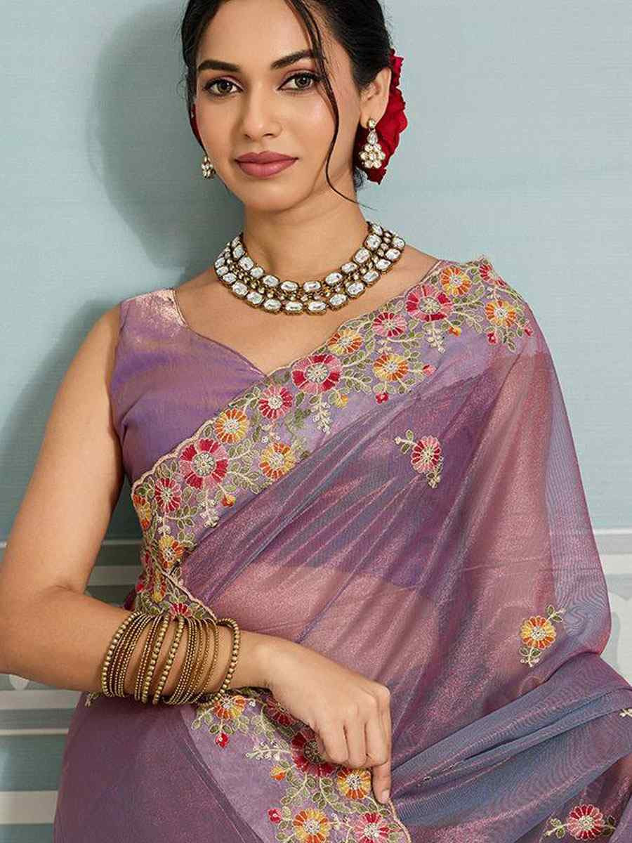 Purple Fendy Soft Net Embroidery Bridal Reception Festival Wedding Fancy Heavy Border Saree