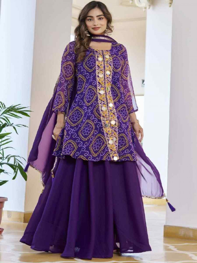 Image of Purple Fox Georgette Bhandej Printed Embroidery Party Wedding Festival Casual Ready Anarkali Palazzo Pant Salwar Kameez