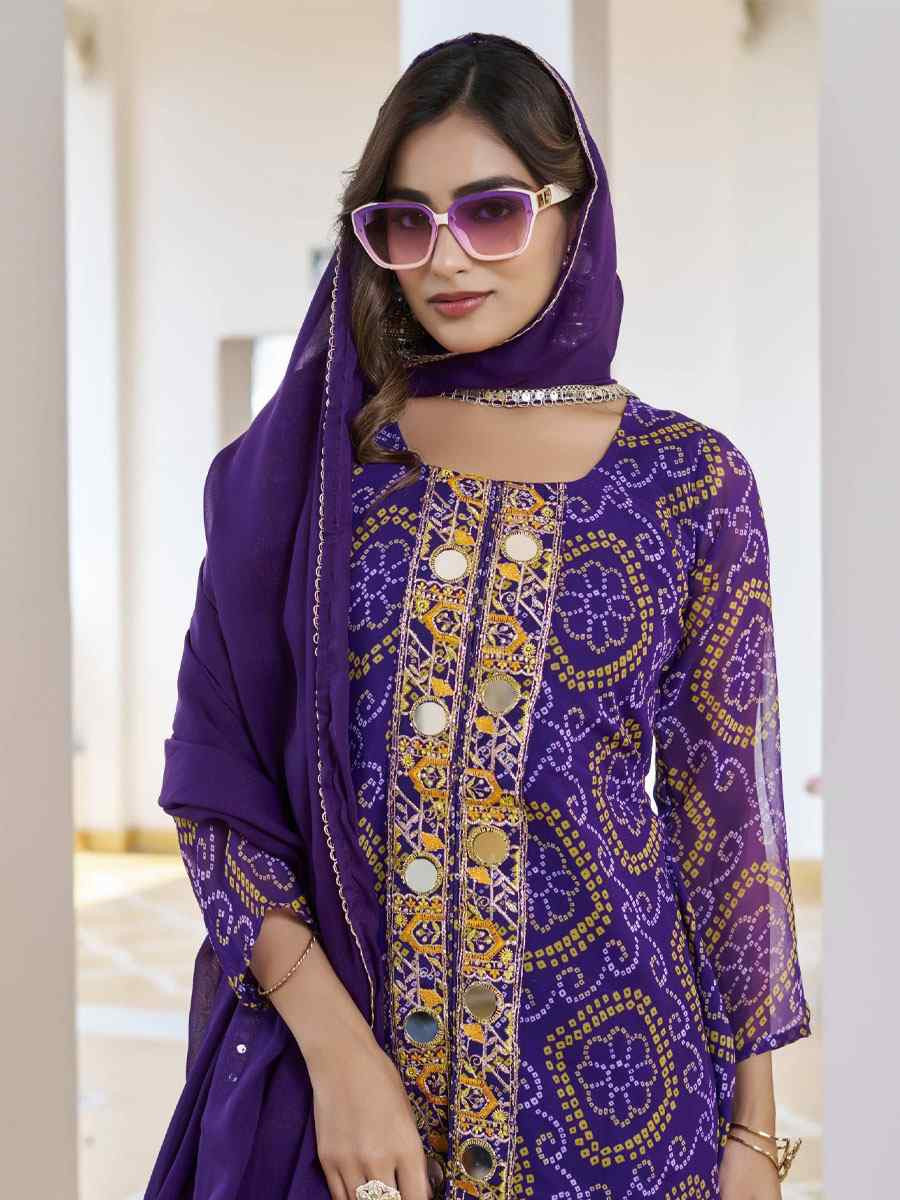 Purple Fox Georgette Bhandej Printed Embroidery Party Wedding Festival Casual Ready Anarkali Palazzo Pant Salwar Kameez