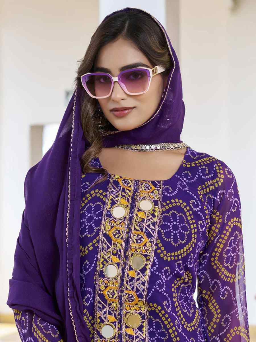 Purple Fox Georgette Bhandej Printed Embroidery Party Wedding Festival Casual Ready Anarkali Palazzo Pant Salwar Kameez