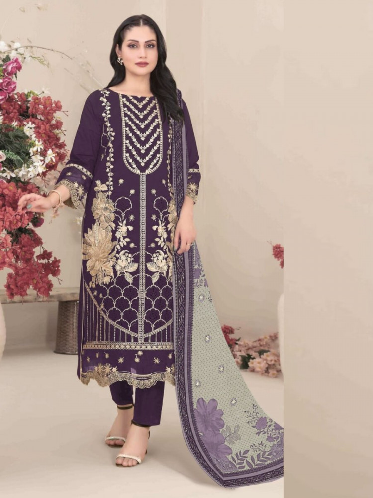 Image of Purple Fox Georgette Embroidery Casual Festival Wedding Party Pant Salwar Kameez