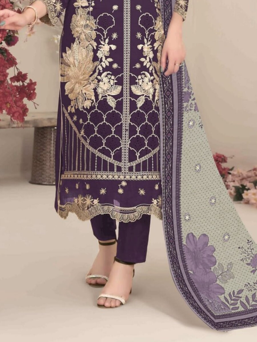 Purple Fox Georgette Embroidery Casual Festival Wedding Party Pant Salwar Kameez