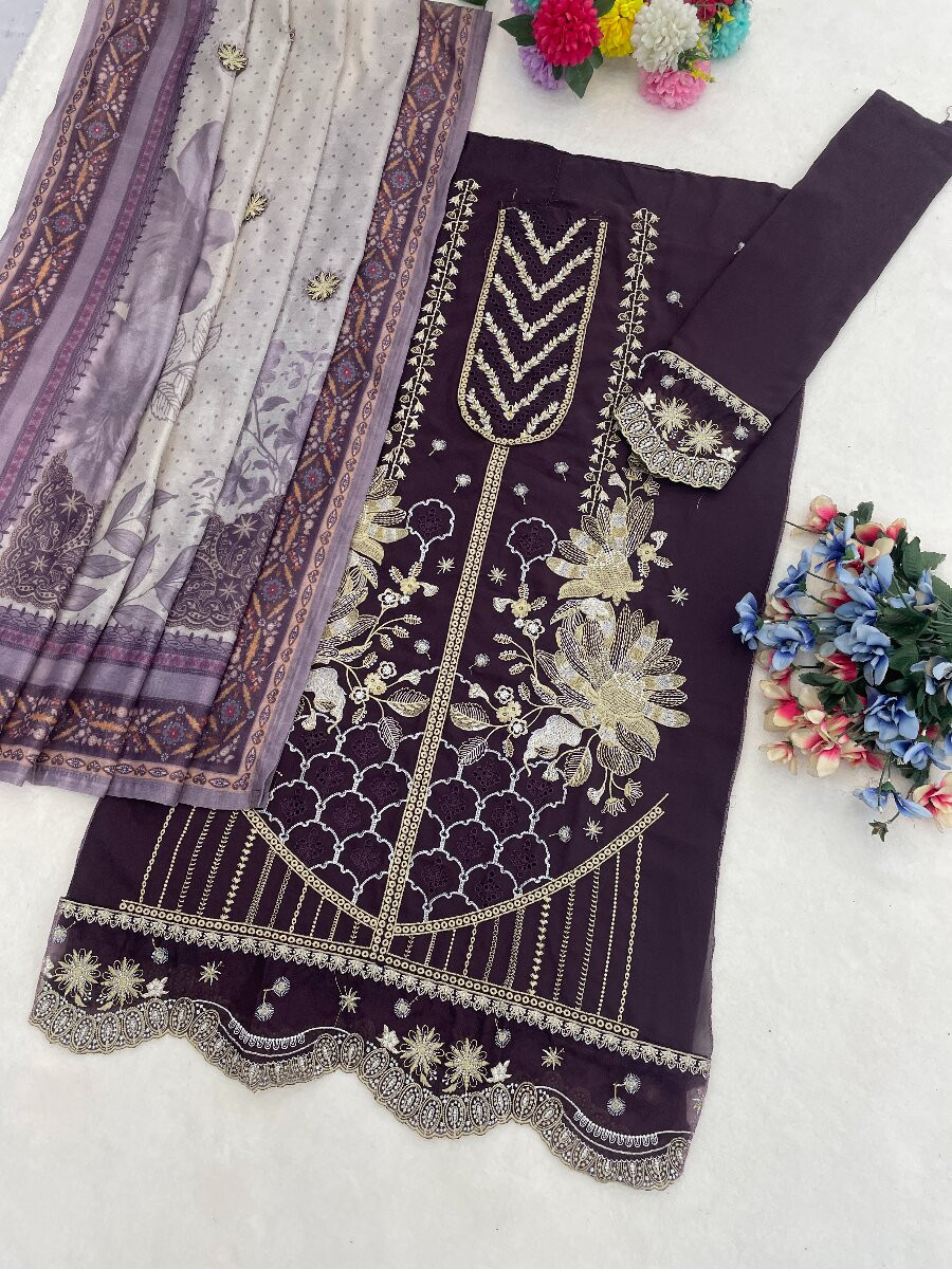 Purple Fox Georgette Embroidery Casual Festival Wedding Party Pant Salwar Kameez