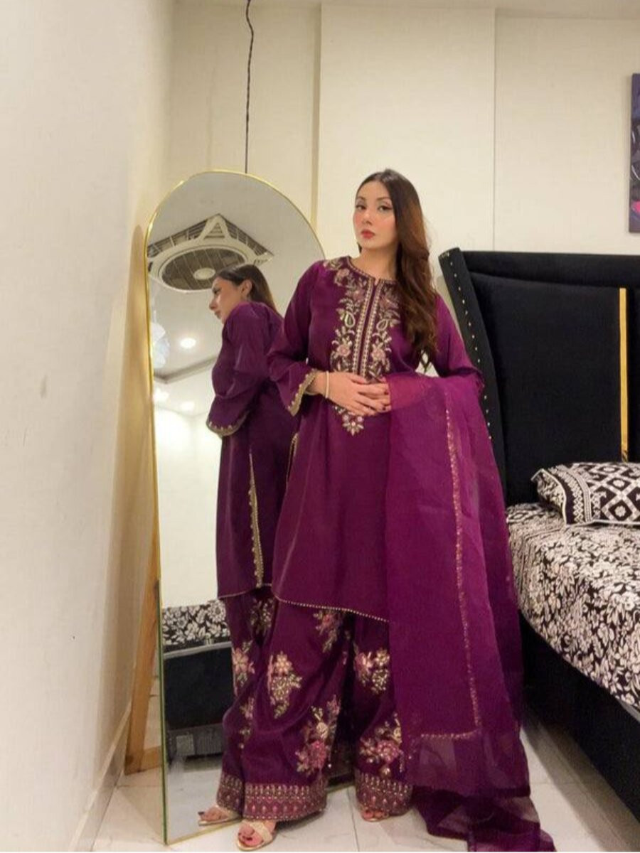 Purple French Crepe Embroidery Wedding Party Festival Casual Ready Palazzo Palazzo Pant Salwar Kameez