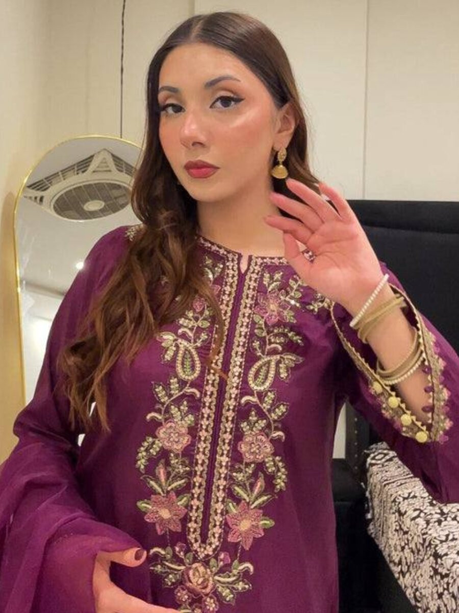 Purple French Crepe Embroidery Wedding Party Festival Casual Ready Palazzo Palazzo Pant Salwar Kameez