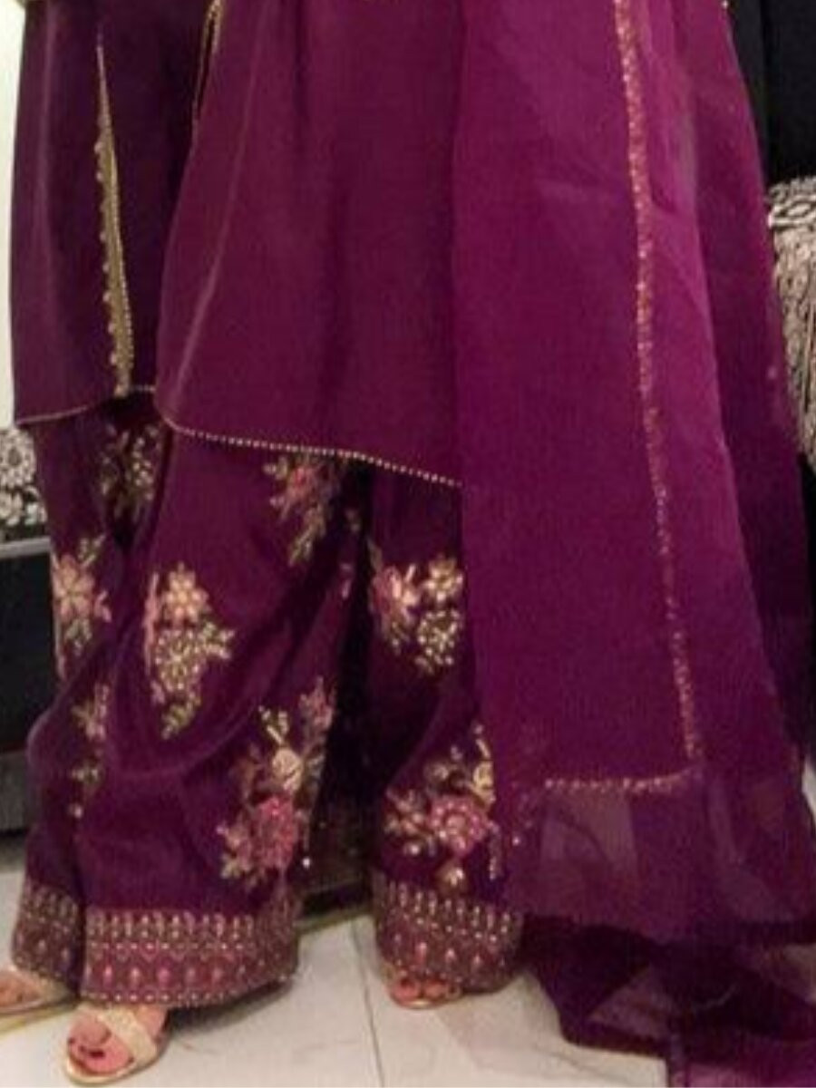 Purple French Crepe Embroidery Wedding Party Festival Casual Ready Palazzo Palazzo Pant Salwar Kameez
