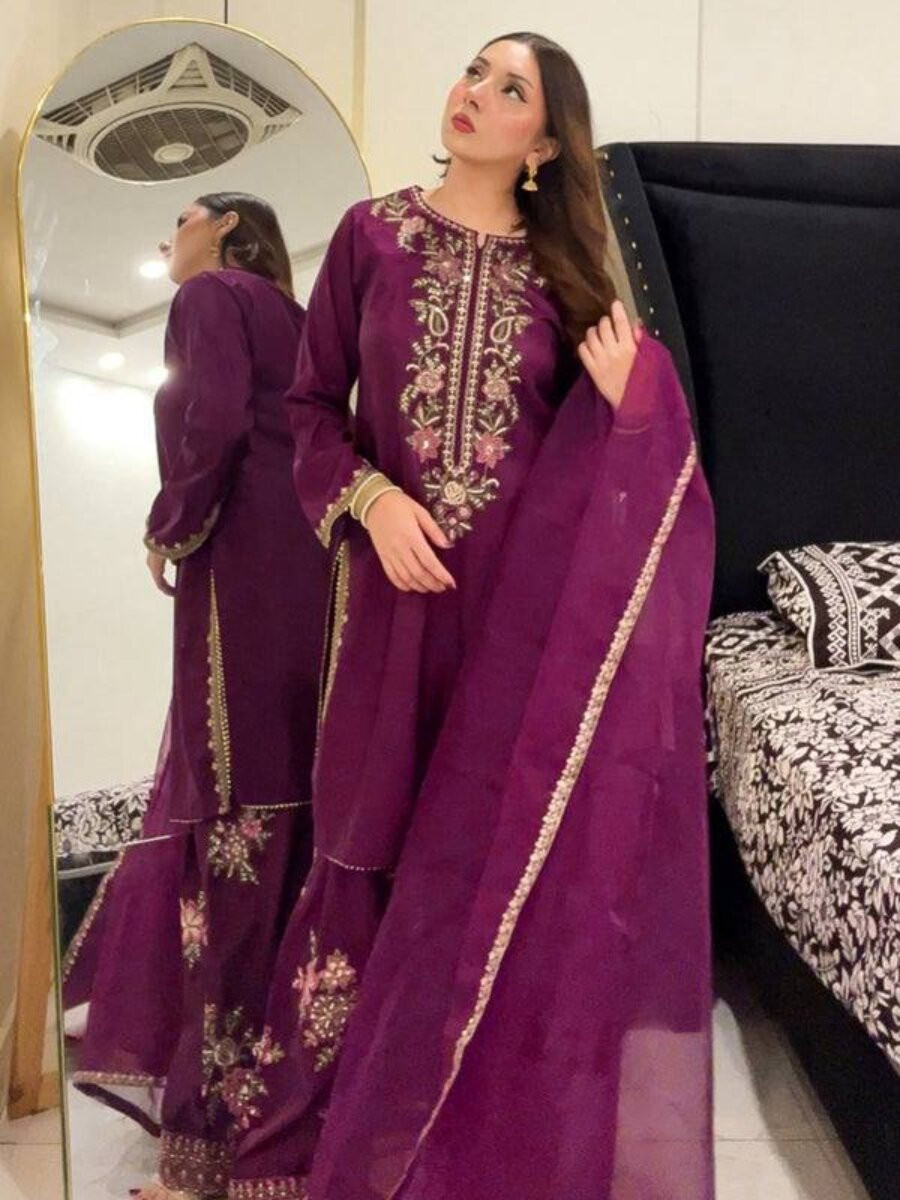Purple French Crepe Embroidery Wedding Party Festival Casual Ready Palazzo Palazzo Pant Salwar Kameez