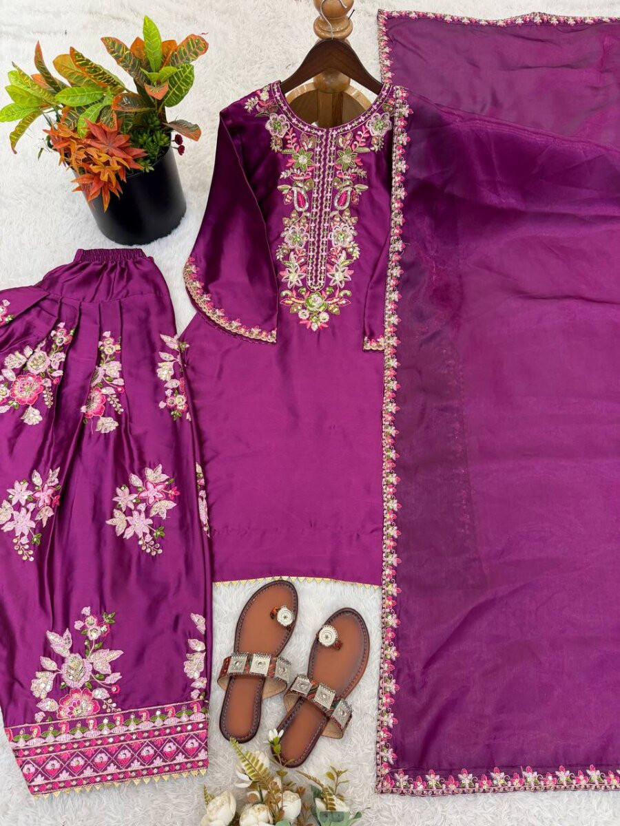 Purple French Crepe Embroidery Wedding Party Festival Casual Ready Palazzo Palazzo Pant Salwar Kameez