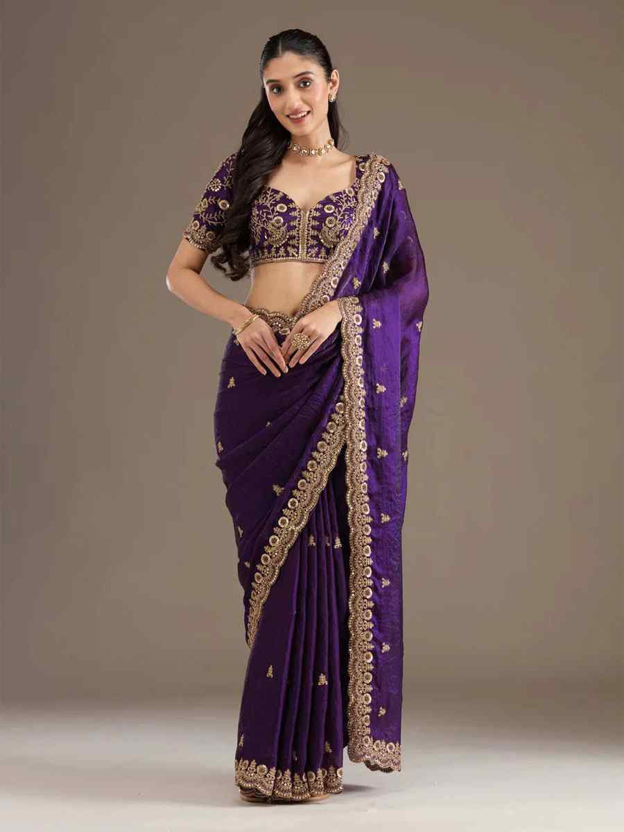 Purple Frendy Satin Silk Embroidery Bridal Reception Festival Wedding Fancy Heavy Border Saree
