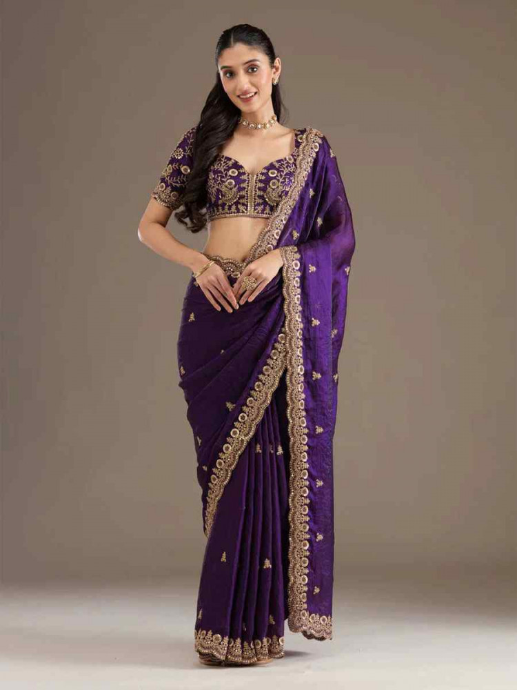 Image of Purple Frendy Satin Silk Embroidery Bridal Reception Festival Wedding Fancy Heavy Border Saree